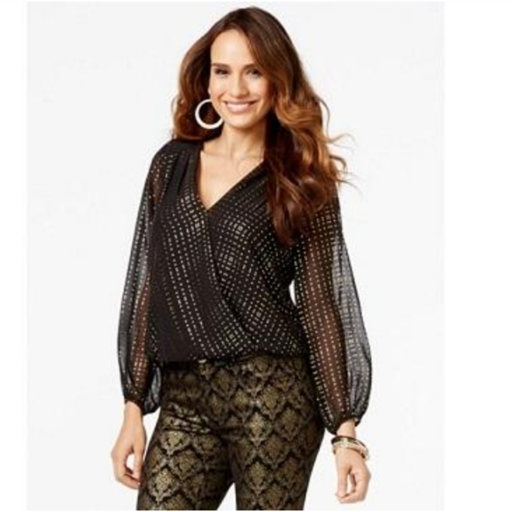 Thalia Sodi Metallic Dot Print Black long Sleeves blouse size M